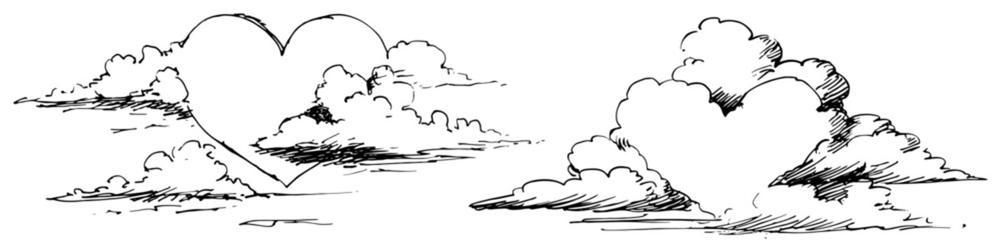 Hand drawn heart shaped clouds sky illustration vector