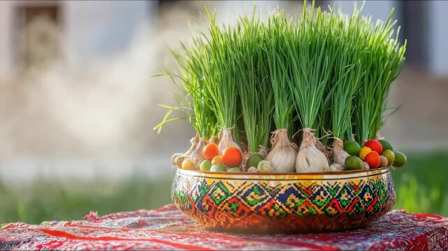 Nowruz Sabzeh, vibrant green sprouts, colored eggs, traditional Haft-Seen table decoration, Persian New Year, Spring Equinox celebration, cultural festival