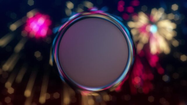 Celebration firework display background with defocused fireworks and shiny bokeh particles with circular copy space for logo or text. Suitable as a celebration, party or event invitation video.