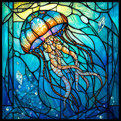 A flowing blue jellyfish with long tentacles - drawn on a stained glass