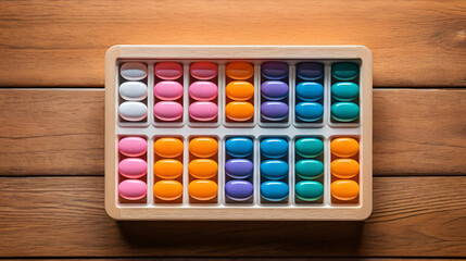 Seven-day pill organizer filled with colorful capsules and tablets, photographed top view on a wooden table with bright lighting.