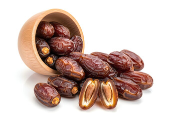 A small pile of dates spilling out of a wooden container on a white surface.