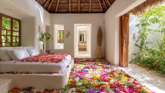 Bedroom with flower petals on bed & floor, thatch ceiling, open to nature
