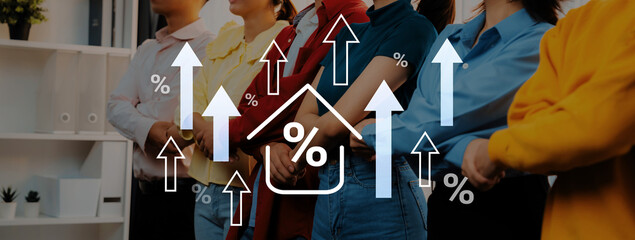 A diverse group of professionals stands in a line, signifying collaboration and growth. Upward arrows and percentages highlight the themes of achievement and progress in business settings. Gantry