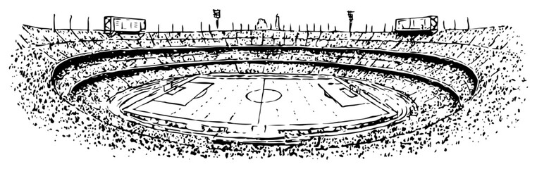 Detailed hand drawn ink sketch of a massive football stadium filled with fans © Celestynka
