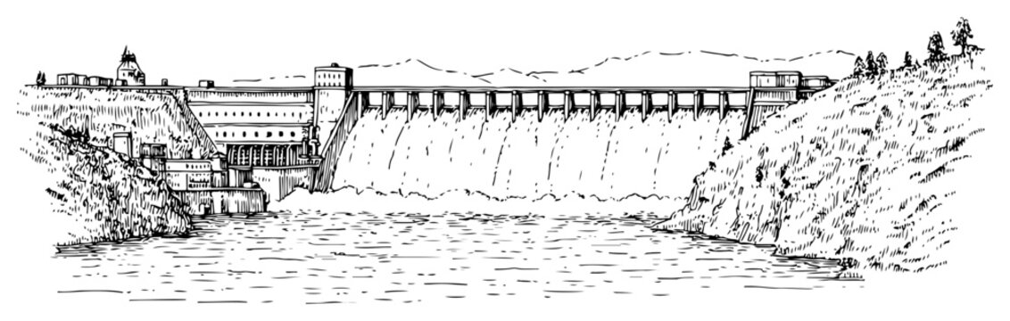 Detailed hand drawn ink sketch of a massive hydroelectric power dam with rushing water