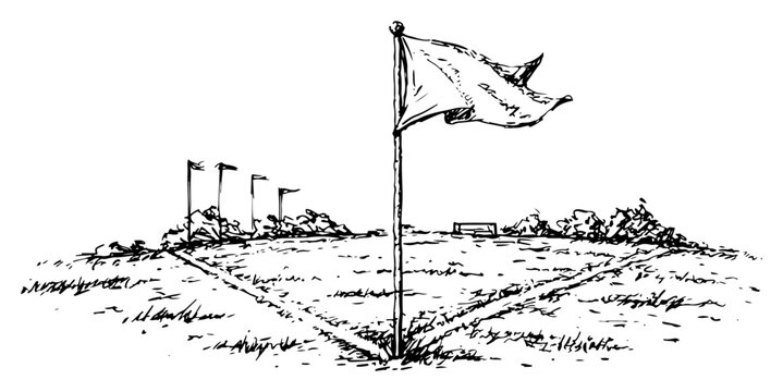 Artistic hand drawn ink sketch of a golf course green with waving flags