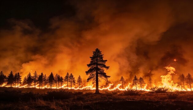 A raging wildfire engulfs a forest at night, with flames and smoke lighting up the dark sky and silhouetting the trees.