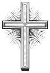 Simple line art of a Christian cross with radiating light or rays