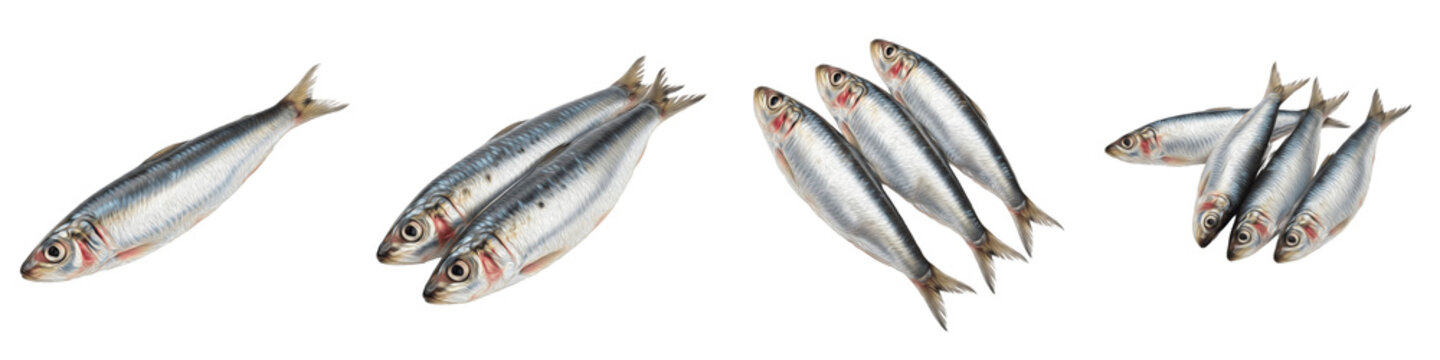 Fresh Whole Sardine Collection, Raw Atlantic Pilchard Fish Set, Healthy Omega-3 Seafood Ingredient, High Quality Marine Protein Isolated on White Background PNG