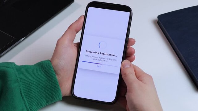 Empower your startup. User registers an LLC through a sleek mobile app. From fee review to Registration Complete success. Ideal for business growth, fintech, and legal service promos. Fast, modern