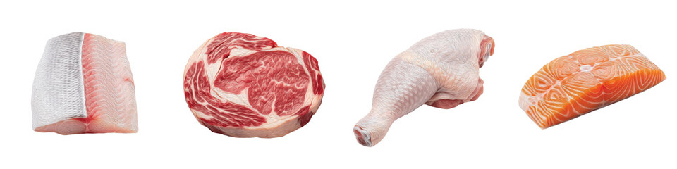 Fototapeta premium Fresh Raw Protein Set, Beef Steak, Chicken Leg, Salmon Fillet, White Fish Loin, Organic Butcher Meat, Healthy Nutrition Isolated on White Background PNG