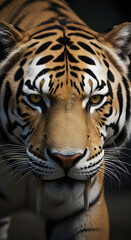 Obraz premium Original name(s): A close up saber-toothed tiger (Smilodon) with eyes approaches in a dark environment