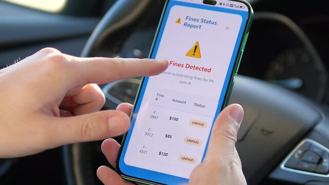 Close-up of a driver checking traffic fines on a mobile app in a car. Modern UI showing unpaid tickets verification. Ideal for fintech, law, and automotive services marketing. High-quality 4K footage