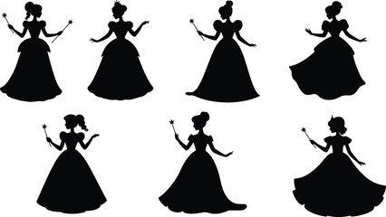 Princess fairy silhouette collection, elegant female characters with magic wands, fantasy royalty poses, fairytale illustration set, black vector design © Itz Mehedi