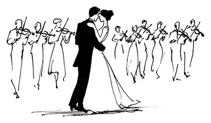 Bride and groom dancing while orchestra plays violins in the background © Celestynka