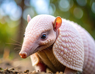 Obraz premium Discover the charm of this rare pink armadillo. Featuring intricate scaly armor and soft bokeh, this macro shot is ideal for nature blogs, educational books, and unique wildlife art.