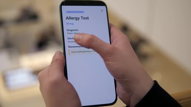 User browsing a health tracking app and viewing completed allergy test results on smartphone. Contemporary eHealth interface, remote care solution, and personal medical data management, ideal for