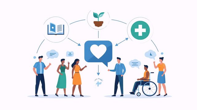 A diverse group of people connecting around a central heart icon, symbolizing community support, health, education, and inclusivity.