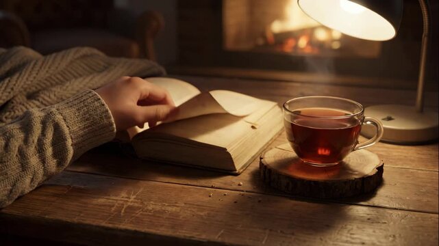 Cozy reading at home during evening. Person enjoys a book with a cup of tea. Warm ambiance creates relaxing atmosphere. Vertical composition enhances intimate moment.