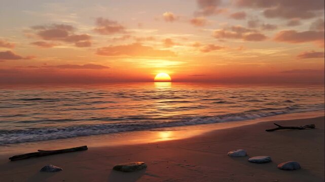 Beautiful sunset over calm ocean waves. Vertical beach scene showcases vibrant colors and serene atmosphere. Natural beauty inspires relaxation and tranquility.