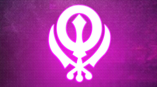 Golden Khanda Symbol 3D Illustration &ndash; Sikhism Religious Glitter Icon Logo on Pink and White Background