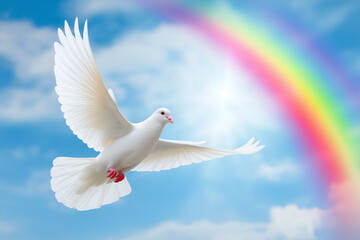 Fototapeta premium White dove of peace flying in a blue sky with a vibrant rainbow
