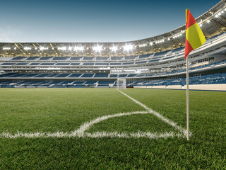 Low angle view of a modern soccer stadium from the corner flag, empty arena with blue seats and bright stadium lights. © AAUB
