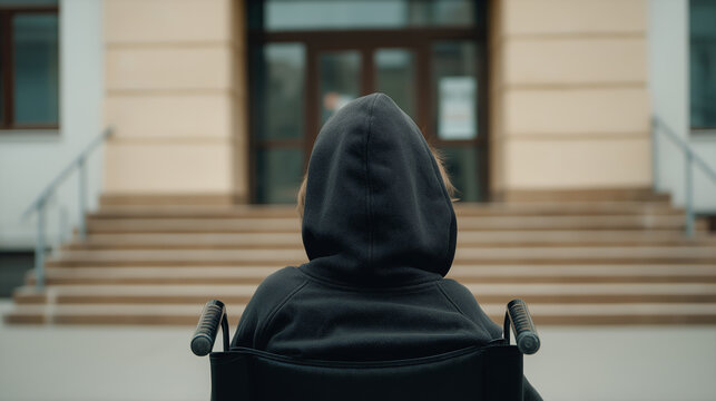 Rear view of a person in a wheelchair facing an inaccessible building with stairs