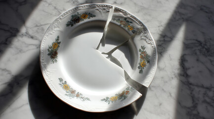 Fototapeta premium A broken vintage porcelain plate on a marble tabletop