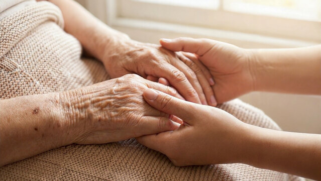 Close-up of an elderly person's hands gently held by younger hands, symbolizing care, compassion, and the bond between generations. The image reflects warmth, support, and human connection. 