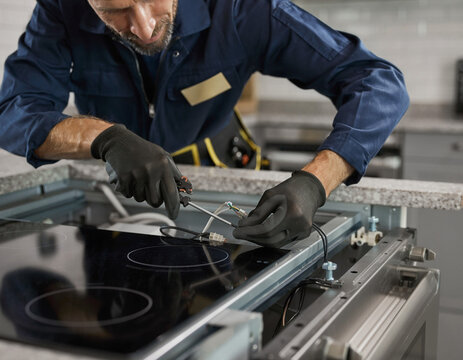 Kitchen specialist fitting an electric stove into a countertop, detailed view of hands and electrical wiring, highlighting home appliance servicing and renovation expertise.