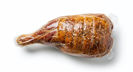 Top View Vacuum Sealed Roast Lamb Leg Isolated on White Background