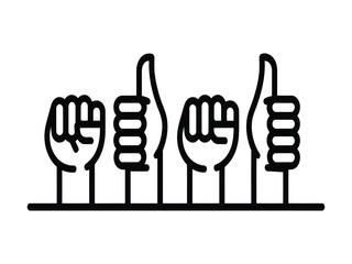 Fototapeta premium A graphic illustration of four hands with thumbs up and fists in a row on a white background