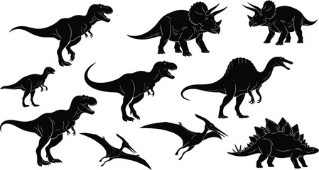 Dinosaur silhouettes, Tyrannosaurus rex, Triceratops, Velociraptor, Spinosaurus, Stegosaurus, Pterosaurs, prehistoric animal illustration, vector art, ancient creature graphic design © MSTSHIULY