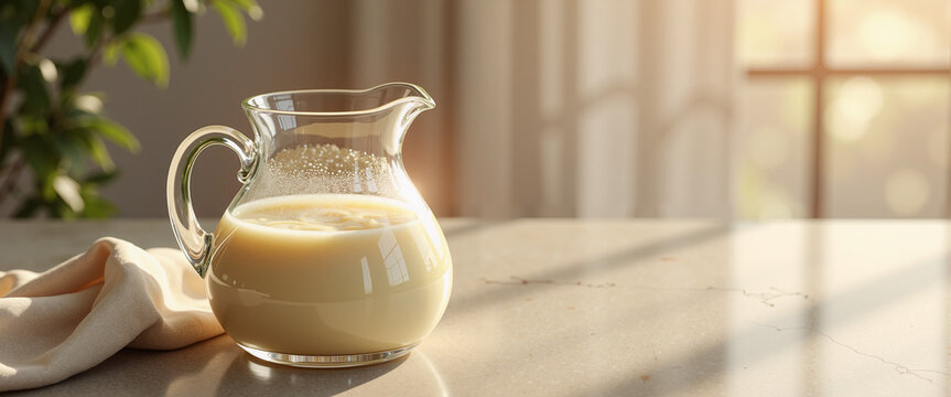 Glass pitcher of laban drink on table with sunlight and greenery  
