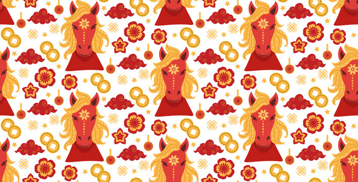 Seamless horse heads Chinese New Year pattern with lucky icons