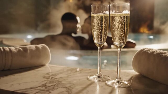 Couple enjoying a romantic hot tub soak with champagne and towels