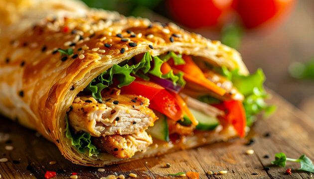 Chicken wrap cut in half, juicy chicken and crisp fresh vegetables inside, flaky golden pastry, sesame seeds
