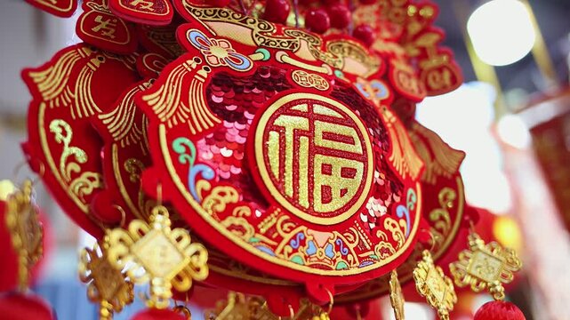 Colorful red and golden decorative elements sold on an vietnamese street market prior to the Tet holiday or Lunar new year in Vietnam, Asia. Selective focus close up video.
