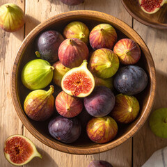 Fototapeta premium Explore the rustic charm of fresh, ripe figs in a wooden bowl. Sundrenched and vibrant, this overhead shot is ideal for organic food marketing, healthy recipes, and culinary lifestyle.