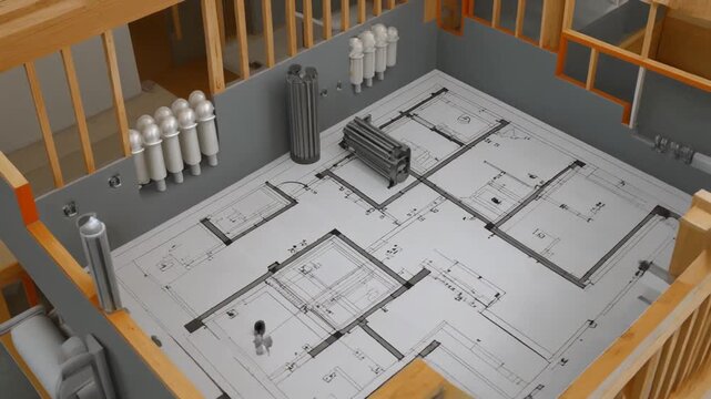 Plan en coupe d'un architecte avec des solutions de chauffage moderne pour une construction
