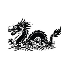 Naklejka premium A black and white illustration of a dragon in water