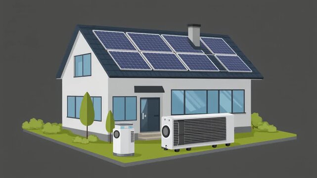 modern house building with solar panels and heat pump illustration