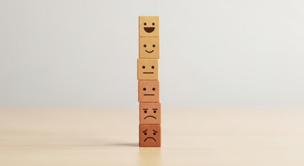 Stacked wooden blocks with various facial expressions on a plain surface.