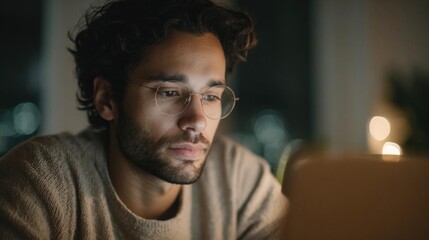 Obraz premium Close-up portrait of a young man with curly hair and a beard. he is wearing round glasses and a beige sweater. the background is blurred, but it appears to be a room with a window and a plant.