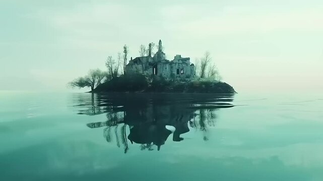 Mysterious Island with Castle in the Fog.