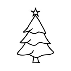 Minimalist Christmas tree icon with simple star on top, black line art on white background. Hand drawn cartoon style Christmas tree icon features clean lines, classic holiday shape for festive appeal.