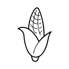 Obraz premium Hand drawn corn icon, cartoon style, black lines show natural produce. Single corn icon shows ear, kernels, husks, agriculture designs. Graphic corn icon for web, education, packaging.