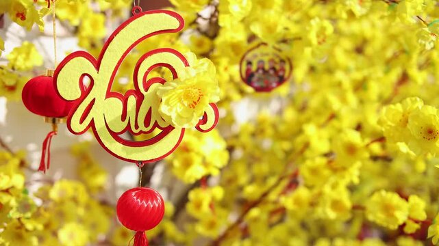 Colorful red and golden decorative elements sold on an vietnamese street market prior to the Tet holiday or Lunar new year in Vietnam, Asia. Selective focus close up video.